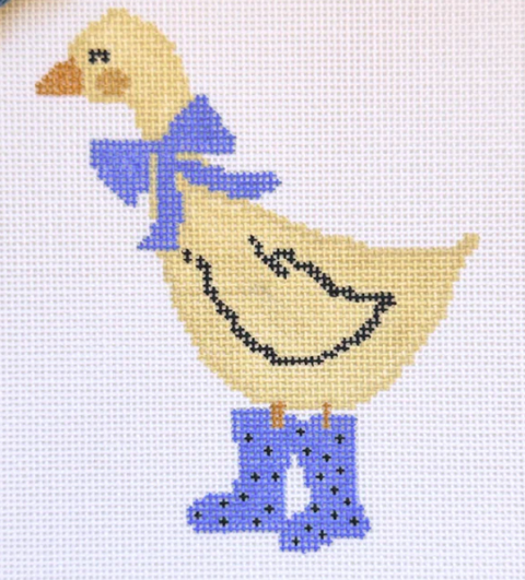 Duck in Blue Rainboots/Blue Bow (Three Petals Needlepoint)