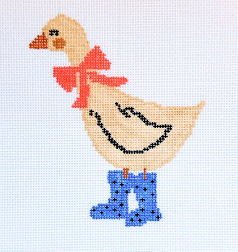 Duck in Blue Rainboots/Pink Bow (Three Petals Needlepoint)