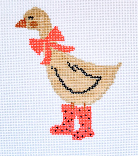 Duck in Pink Rainboots/Pink Bow (Three Petals Needlepoint)