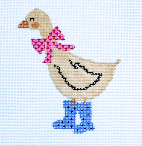 Duck in Blue Rainboots/Pink Gingham Bow (Three Petals Needlepoint)
