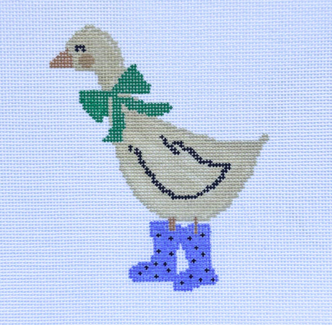 Duck in Blue Rainboots/Teal Bow (Three Petals Needlepoint)
