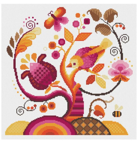 Jacobean Crewel Bird in Tree - Warm (Vivsters)