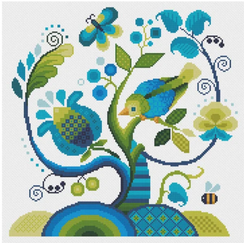 Jacobean Crewel Bird in Tree - Cool (Vivsters)
