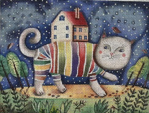 Striped Kitty w/House (Mindys Needlepoint)