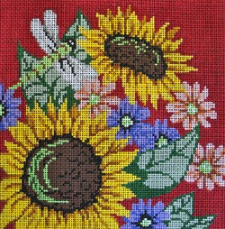Sunflower, Dragon Fly on Red