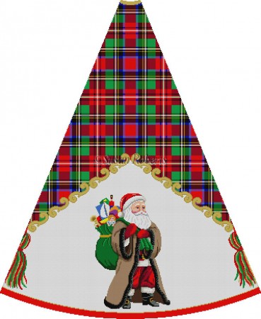 Santa in Brown Coat with Toy  Bag On Back - Tartan Santa Tree Skirt