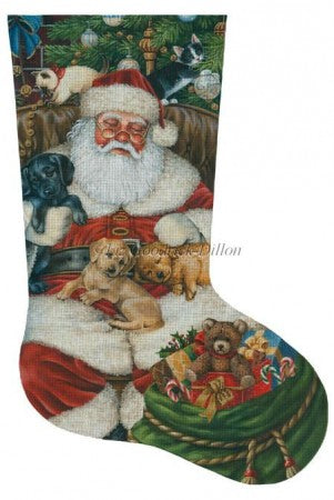 Sleeping Santa With Puppies and Kittens Stocking