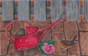 Red Watering Can With Wren