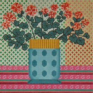 Geraniums In Blue And Yellow Vase