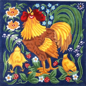 Red Rooster with Chicks - Wildflowers and Leaves
