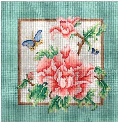 Peony - Green Border Pillow