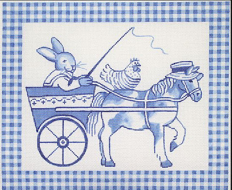 Bunny in Cart with Horse & Hen - Blue Toile 
