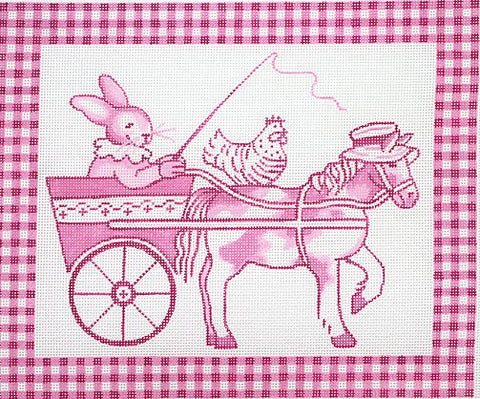 Bunny in Cart with Horse & Hen - Pink Toile 