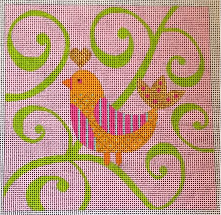 Mod Bird - Pink/green Swirl Background 