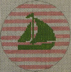 Sailboat on Stripe -  Green/Pale Pink