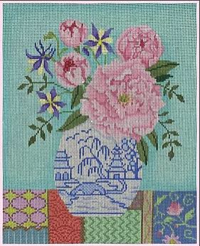 Peonies and Columbine in Blue/White Vase