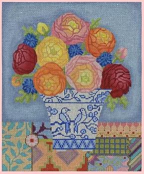 Ranunculus in Blue/White Planter