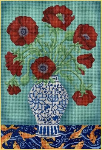 Red Poppies in Blue/White Vase