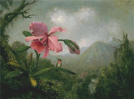 Orchid and Hummingbird Near A Mountain Waterfall  (Martin Johnson Heade)