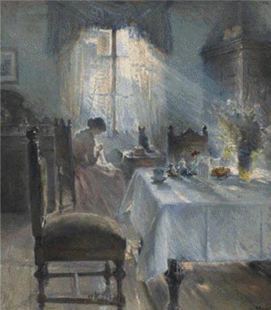 Woman Sewing In An Interior  (Bertha Wegmann)
