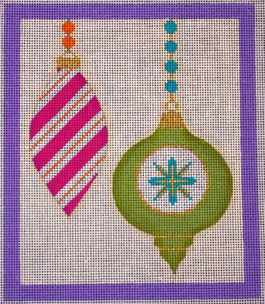 Merry and Bright - 2 Ornaments Candy Stripe Purple Border