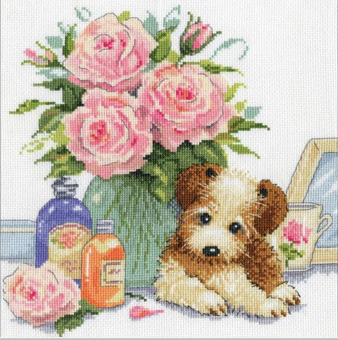 Puppy with Roses