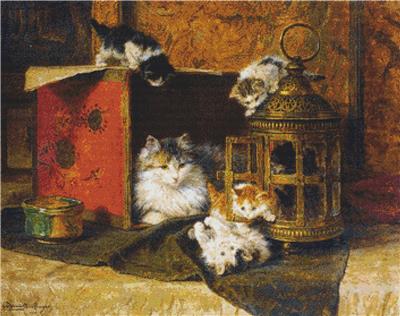 Mother Cat Watching Her Kittens Playing, A