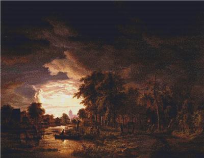 Moonlit Village by a River