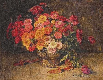 Colourful Zinnias in a Copper Pot