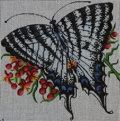 Blue/White/Black Butterfly w/Flowers 