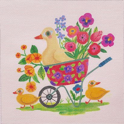 Spring Wheelbarrow w/Ducks and Flowers