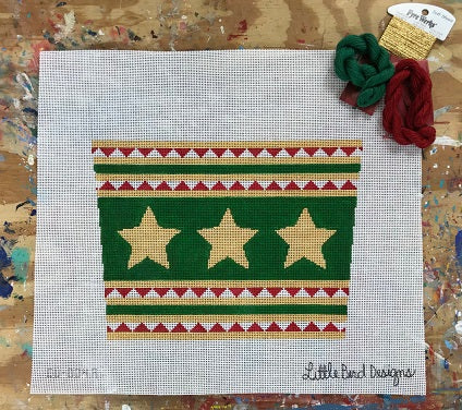 Stocking Cuff - Gold Stars Green Background/Triangle Stripes