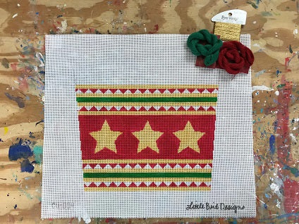 Stocking Cuff - Gold Stars Red Background/Triangle Stripes